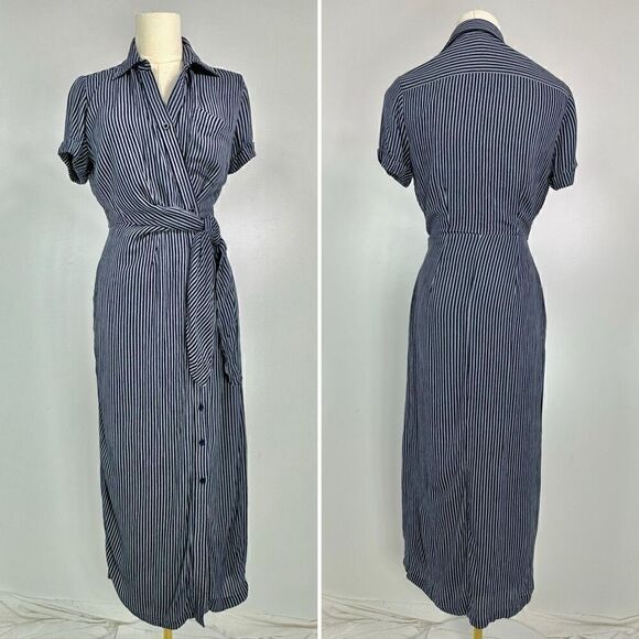 Garnet Hill Anya Tie-Front Crêpe Dress Size 0 Stripes - Picture 2 of 12